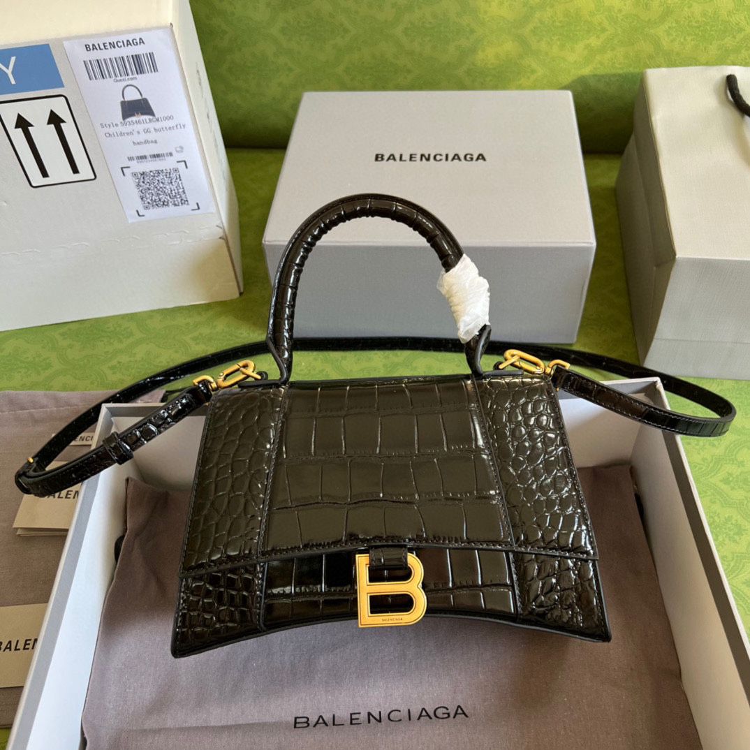 Ba*len*cia*ga hourglass xs handbag crocodile embossed in black-b