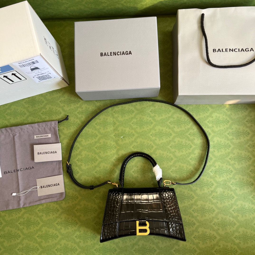Ba*len*cia*ga hourglass xs handbag crocodile embossed in black-b