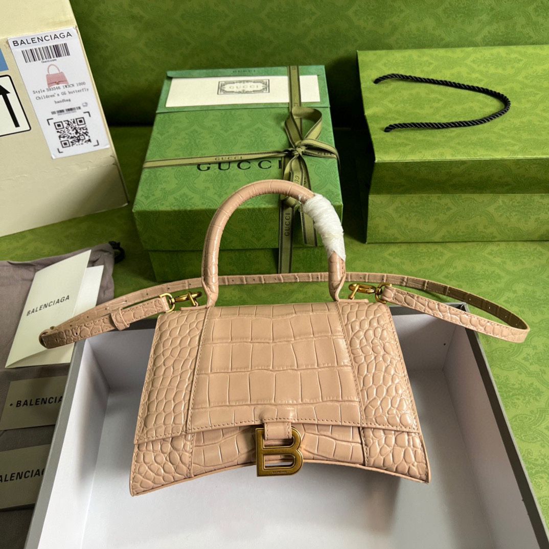Ba*len*cia*ga hourglass xs handbag crocodile embossed in black-beige