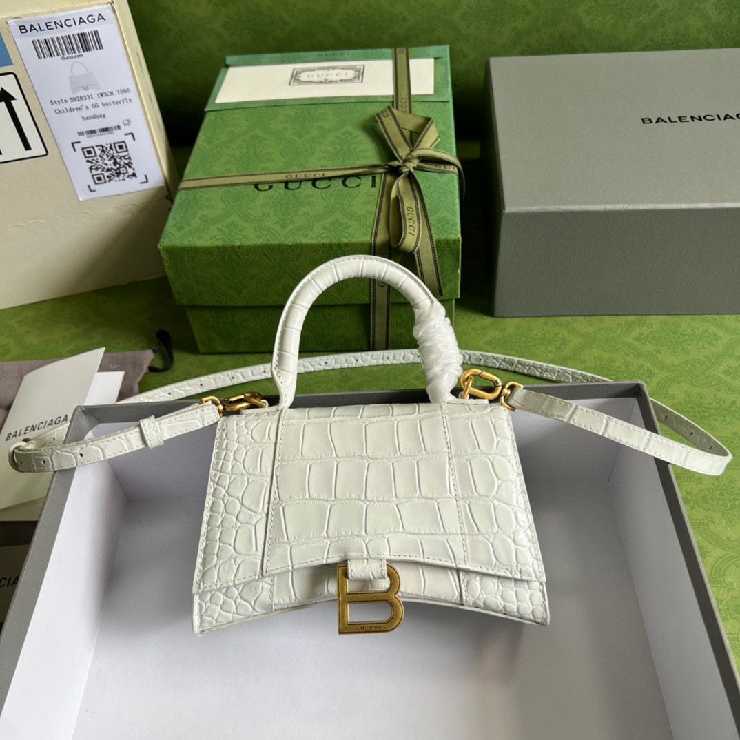 Ba*len*cia*ga hourglass xs handbag crocodile embossed in black-white