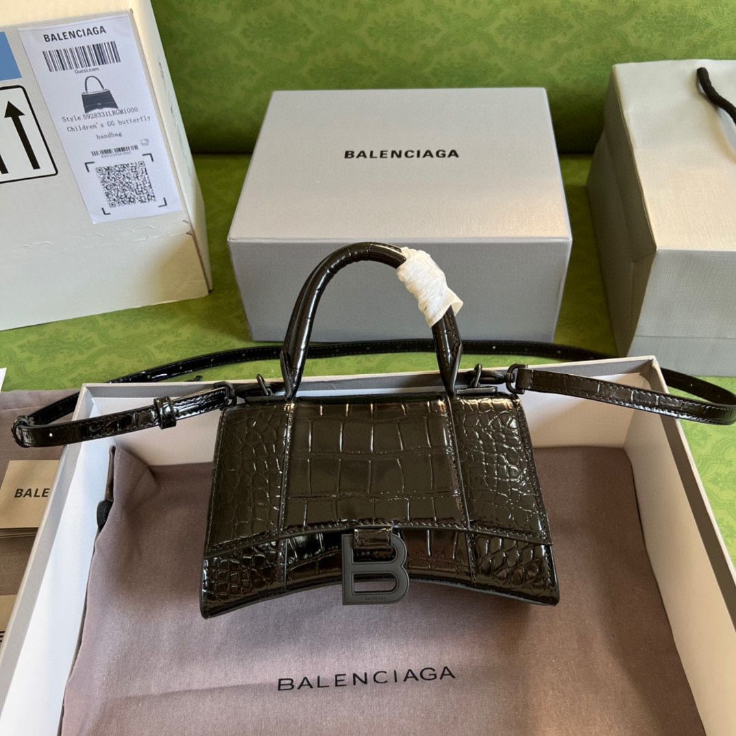 Ba*len*cia*ga hourglass xs handbag crocodile embossed in black