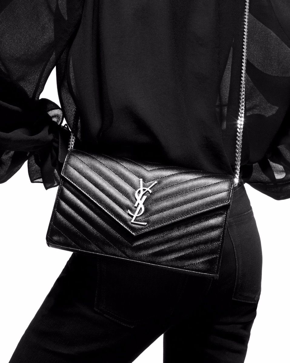 #360452 YSL SAINT LAURENT MONOGRAM CHAIN WALLET IN GRAIN DE POUDRE EMBOSSED LEATHER-BLACK SLIVER