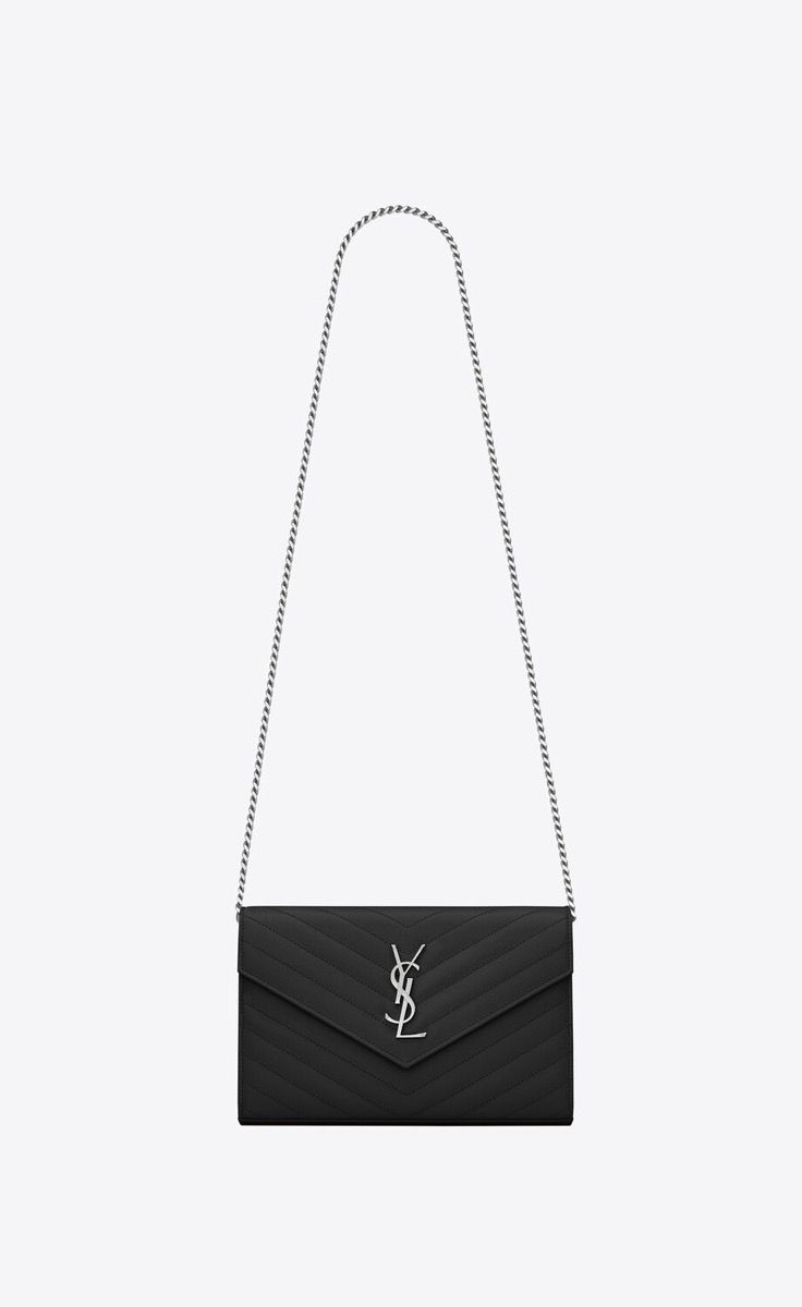 #360452 YSL SAINT LAURENT MONOGRAM CHAIN WALLET IN GRAIN DE POUDRE EMBOSSED LEATHER-BLACK SLIVER