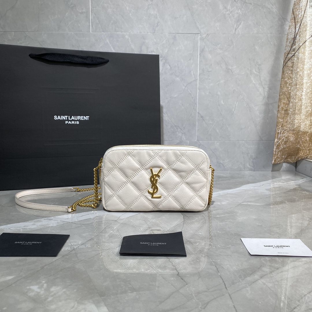 YSL Saint Laurent Becky Quilted Double-Zip Pouch-Crema