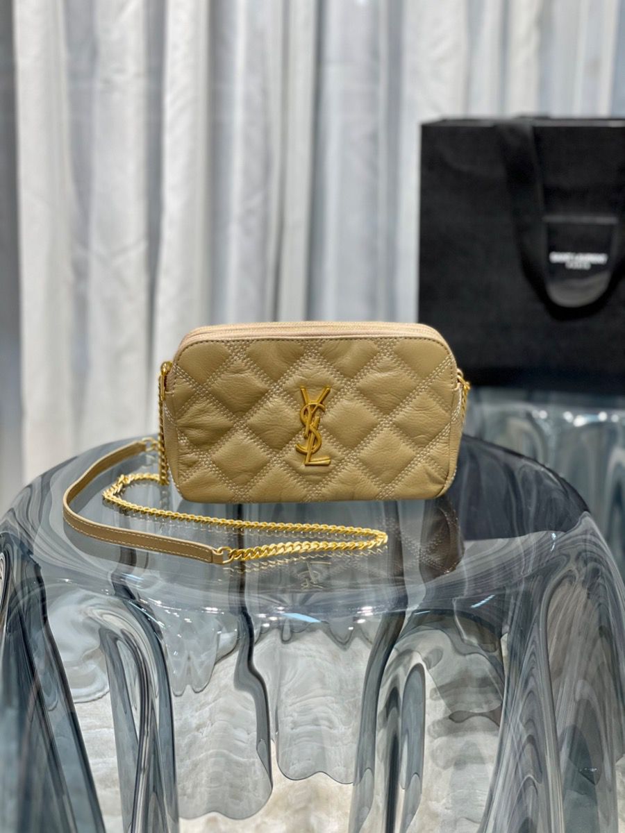 YSL Saint Laurent Becky Quilted Double-Zip Pouch-Kaki
