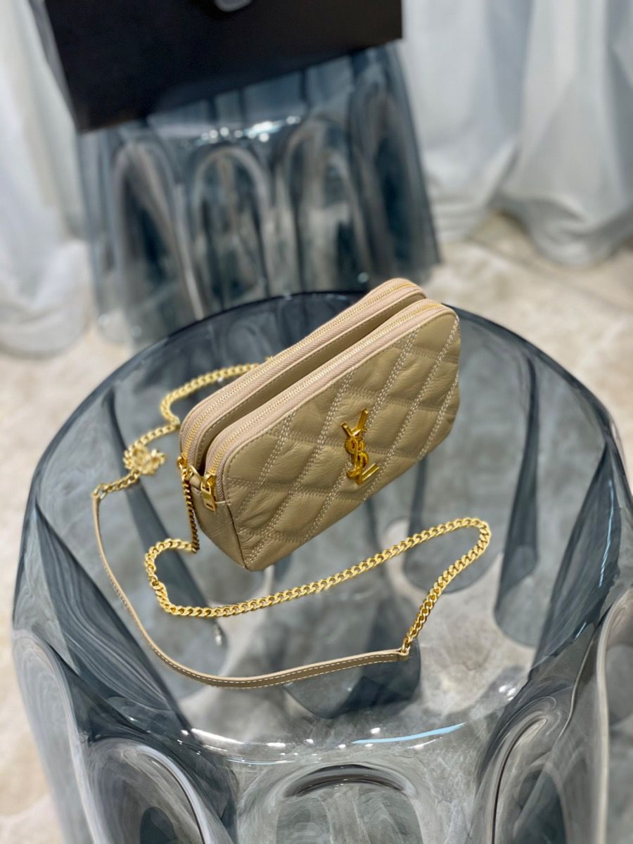 YSL Saint Laurent Becky Quilted Double-Zip Pouch-Kaki