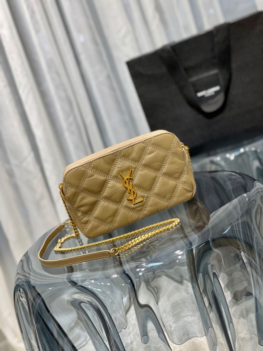 YSL Saint Laurent Becky Quilted Double-Zip Pouch-Kaki