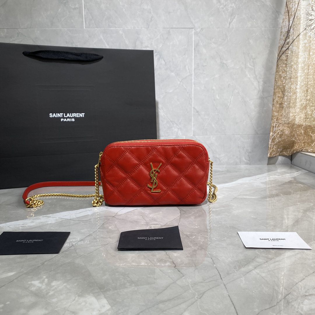 YSL Saint Laurent Becky Quilted Double-Zip Pouch-Red