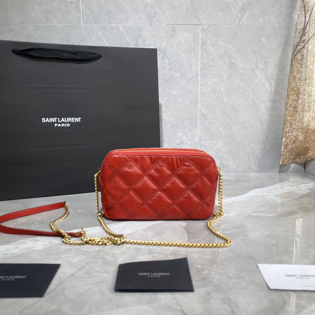 YSL Saint Laurent Becky Quilted Double-Zip Pouch-Red